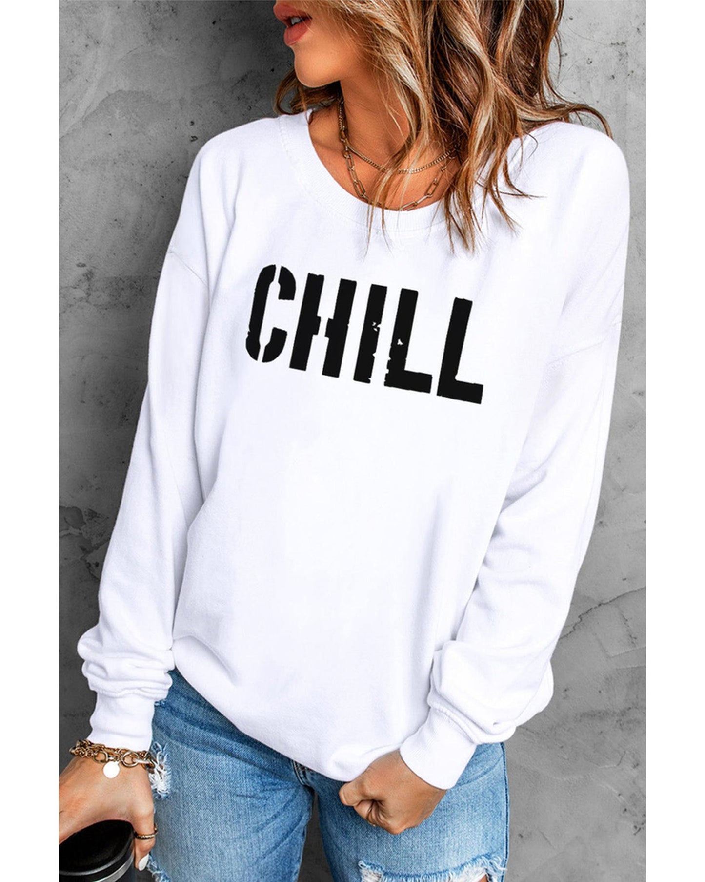 Azura Exchange CHILL Letters Pattern Sweatshirt with Contrast Trim - M