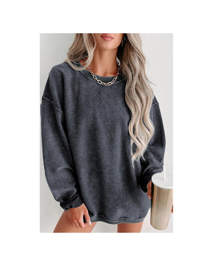 Azura Exchange Gray Ribbed Knit Round Neck Pullover Sweatshirt - L