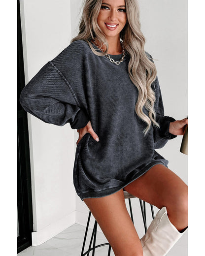 Azura Exchange Gray Ribbed Knit Round Neck Pullover Sweatshirt - M