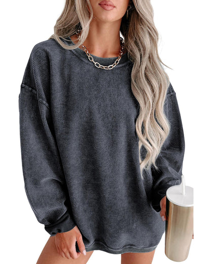 Azura Exchange Gray Ribbed Knit Round Neck Pullover Sweatshirt - M