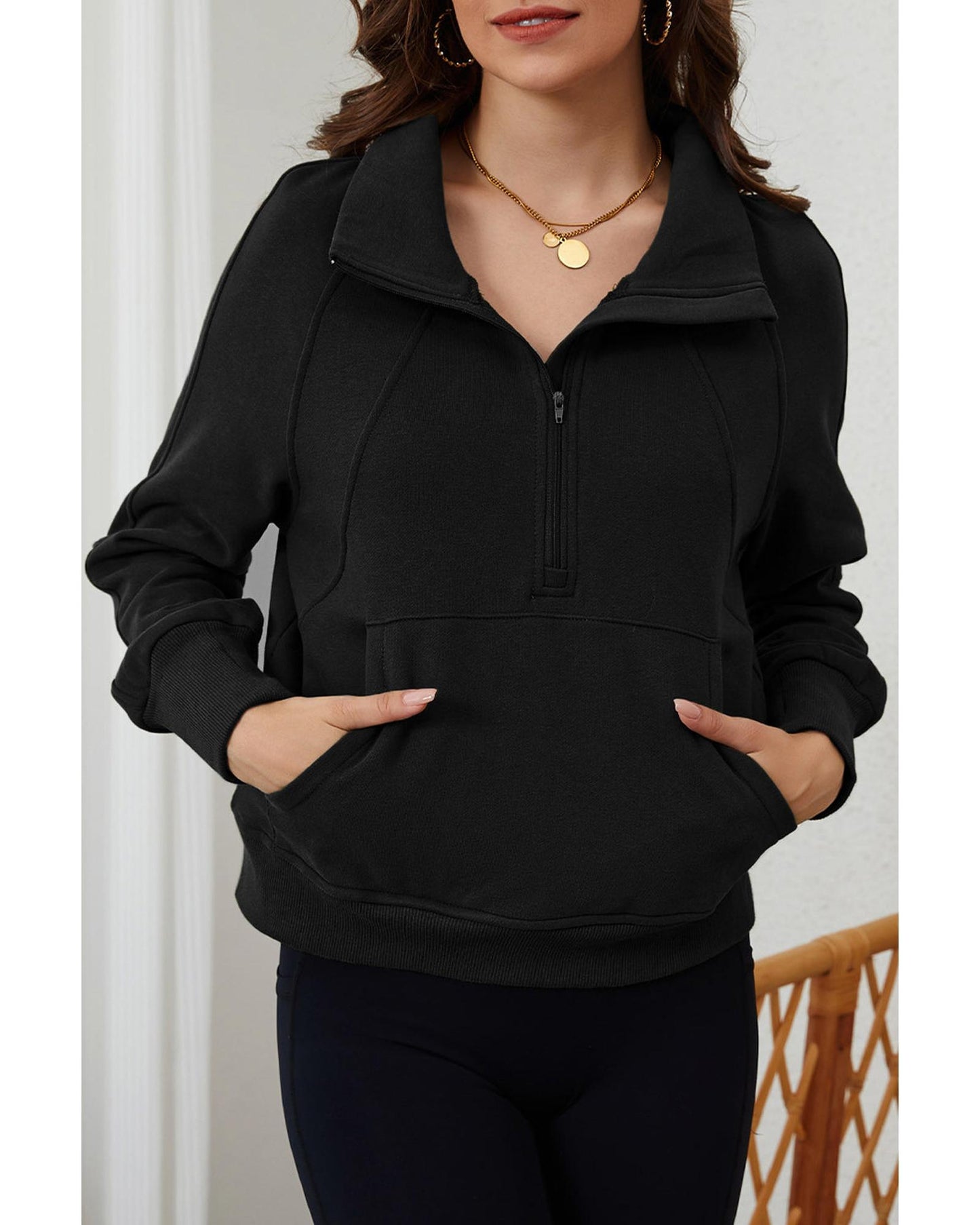 Azura Exchange Black Ribbed Thumbhole Sleeve Sweatshirt - L