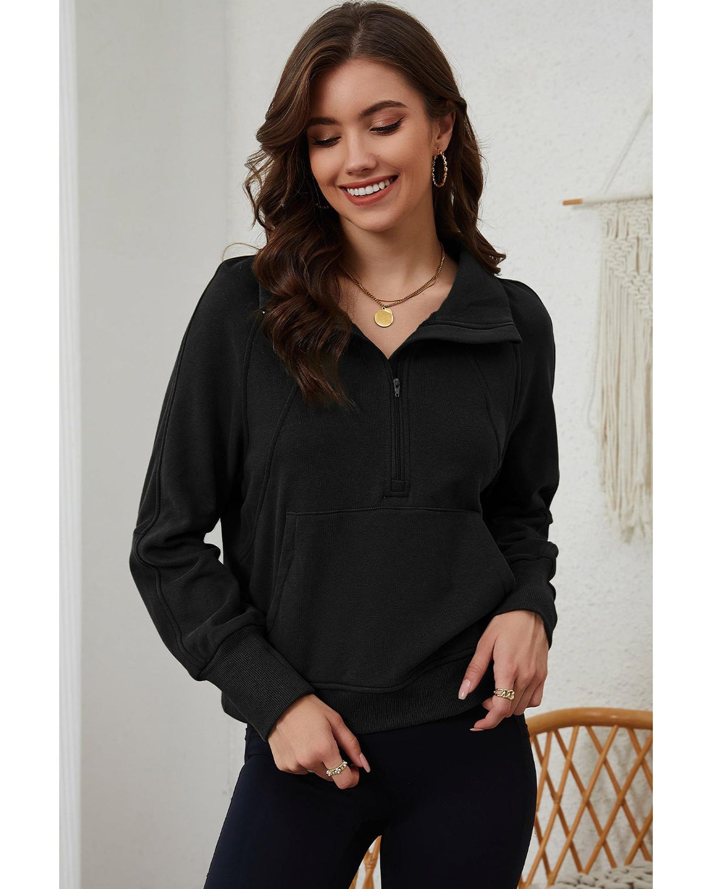 Azura Exchange Black Ribbed Thumbhole Sleeve Sweatshirt - L