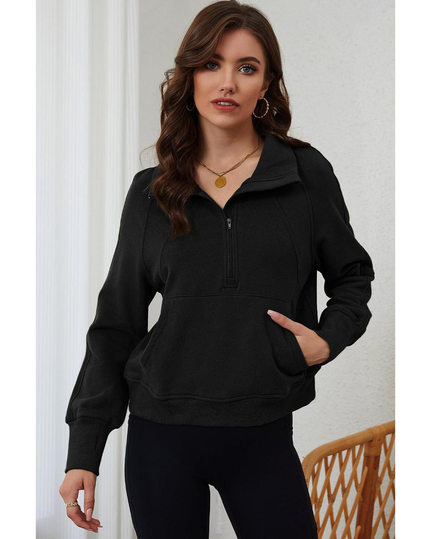 Azura Exchange Black Ribbed Thumbhole Sleeve Sweatshirt - L