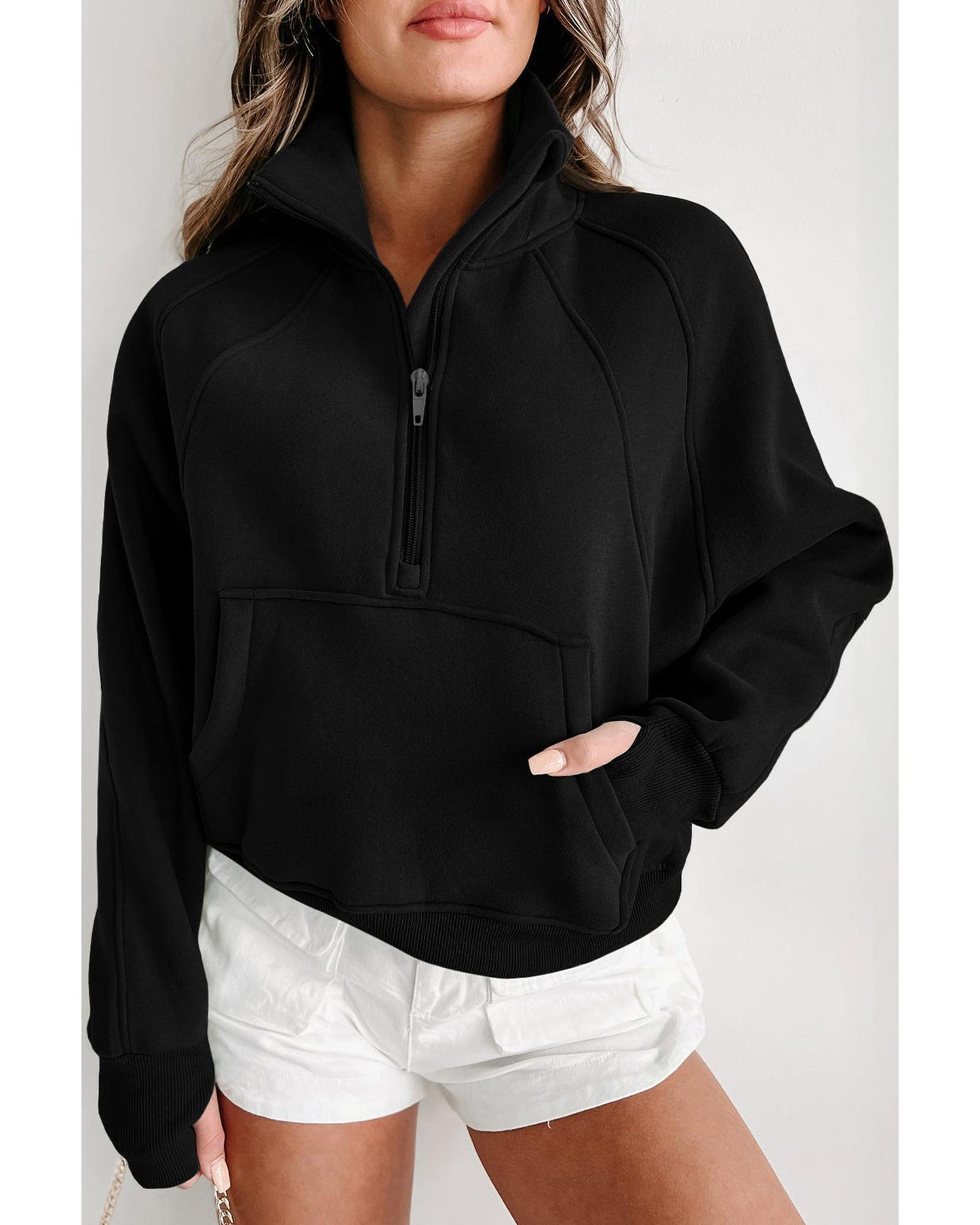 Azura Exchange Black Ribbed Thumbhole Sleeve Sweatshirt - S