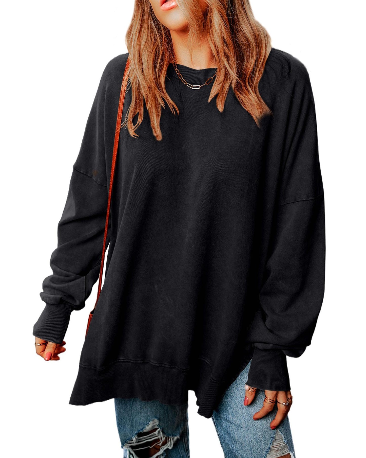 Azura Exchange Oversized Ribbed Trim Sweatshirt - M