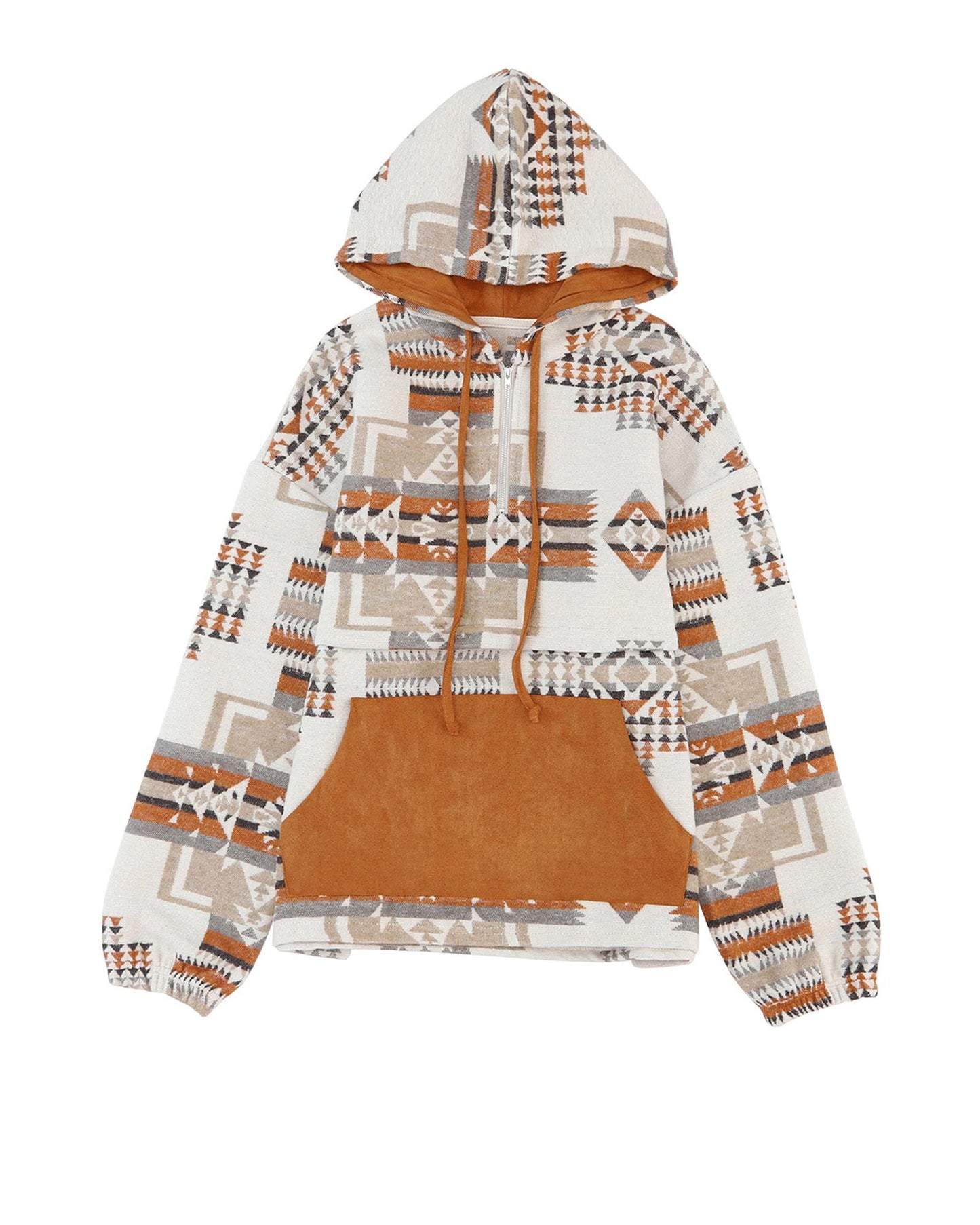 Azura Exchange Beige Aztec Print Half-Zip Hoodie with Kangaroo Pocket - M