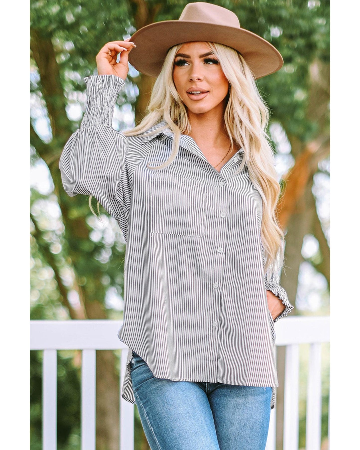 Azura Exchange Striped Boyfriend Shirt with Smocked Cuffs and Pocket - XL