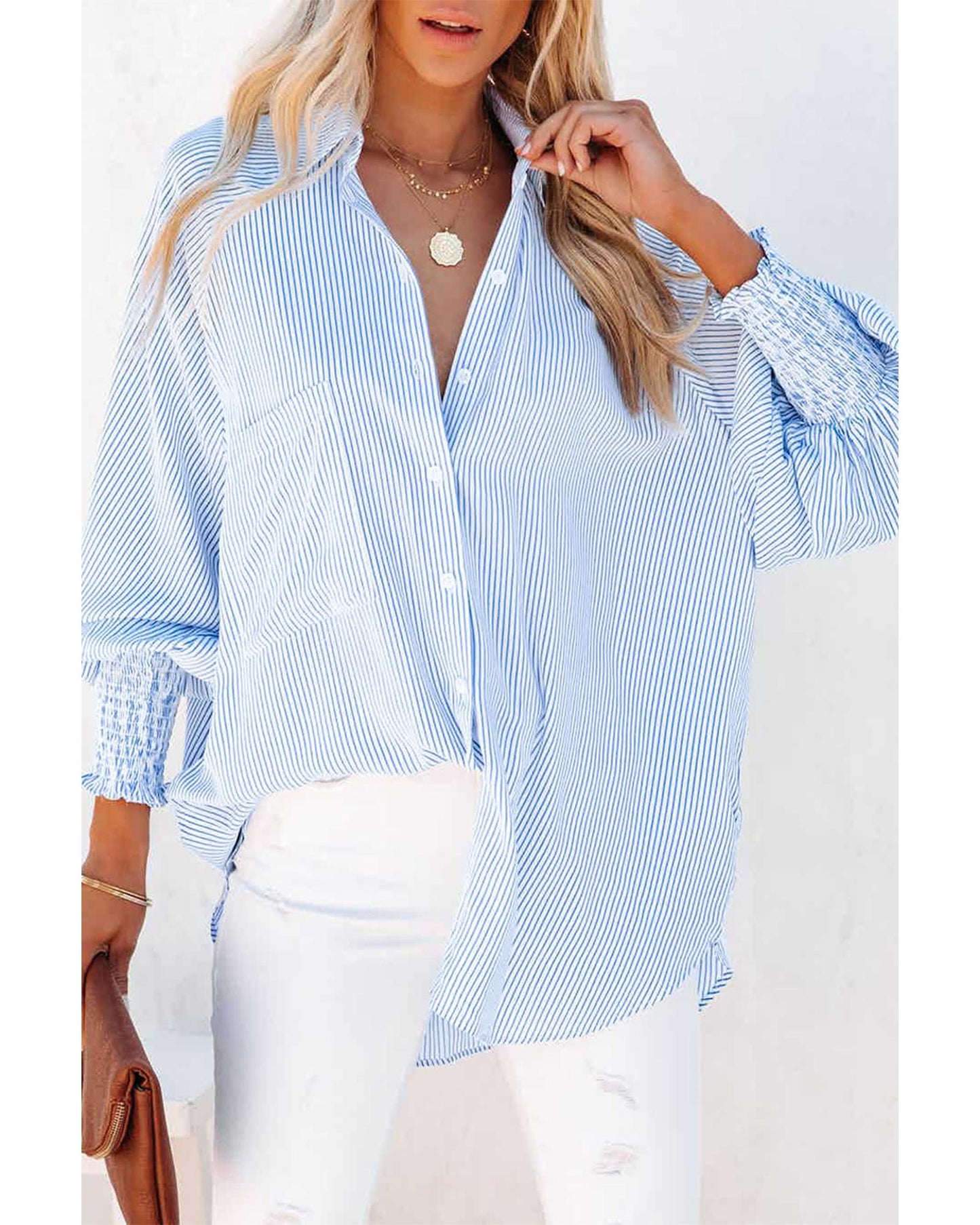 Azura Exchange Striped Boyfriend Shirt with Smocked Cuffs and Pocket - L