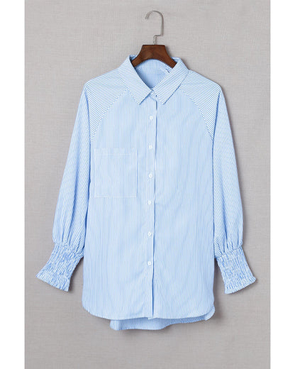 Azura Exchange Striped Boyfriend Shirt with Smocked Cuffs and Pocket - L