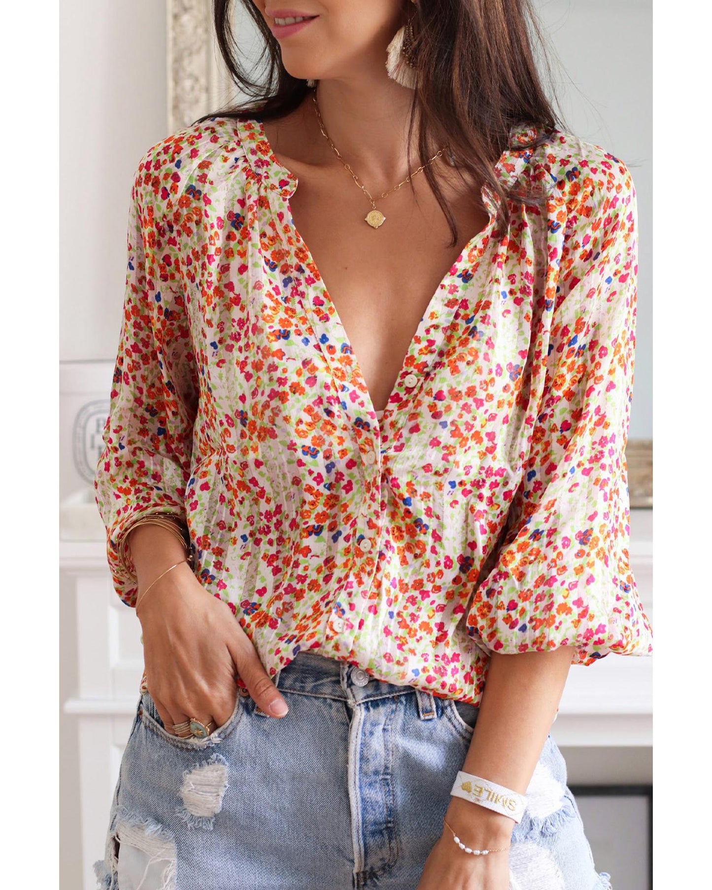 Azura Exchange Boho Floral Print Button Front Shirt - L