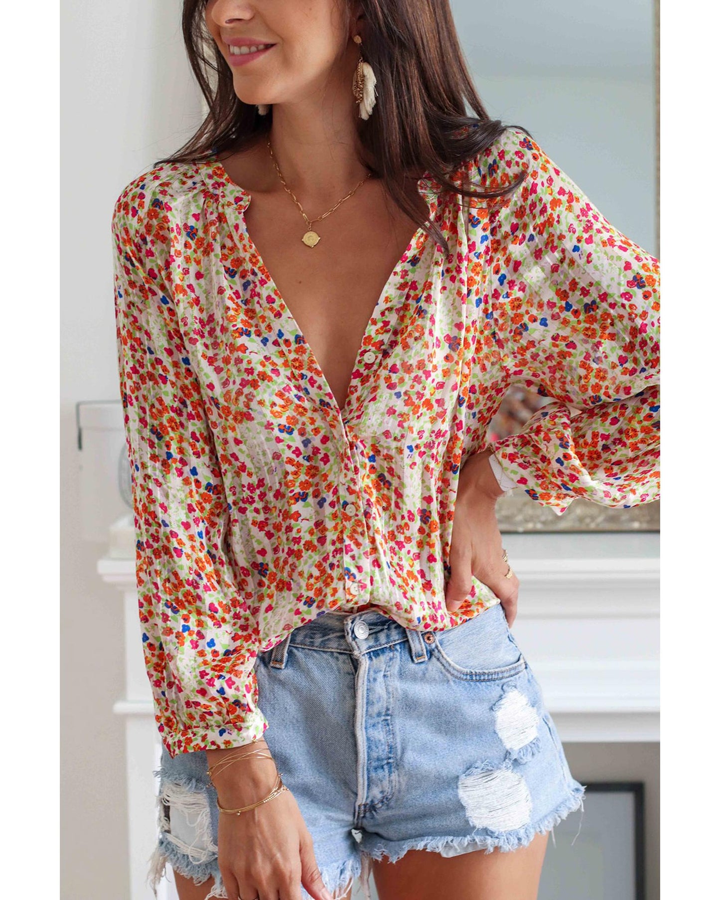 Azura Exchange Boho Floral Print Button Front Shirt - L