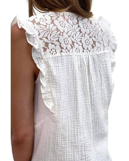 Azura Exchange Textured Sleeveless Shirt with Floral Lace Crochet - M