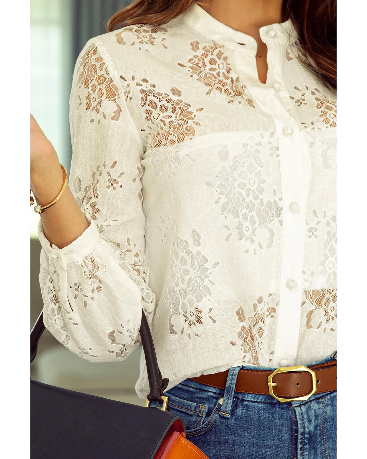 Azura Exchange Lace Stand Neck Textured Shirt - L