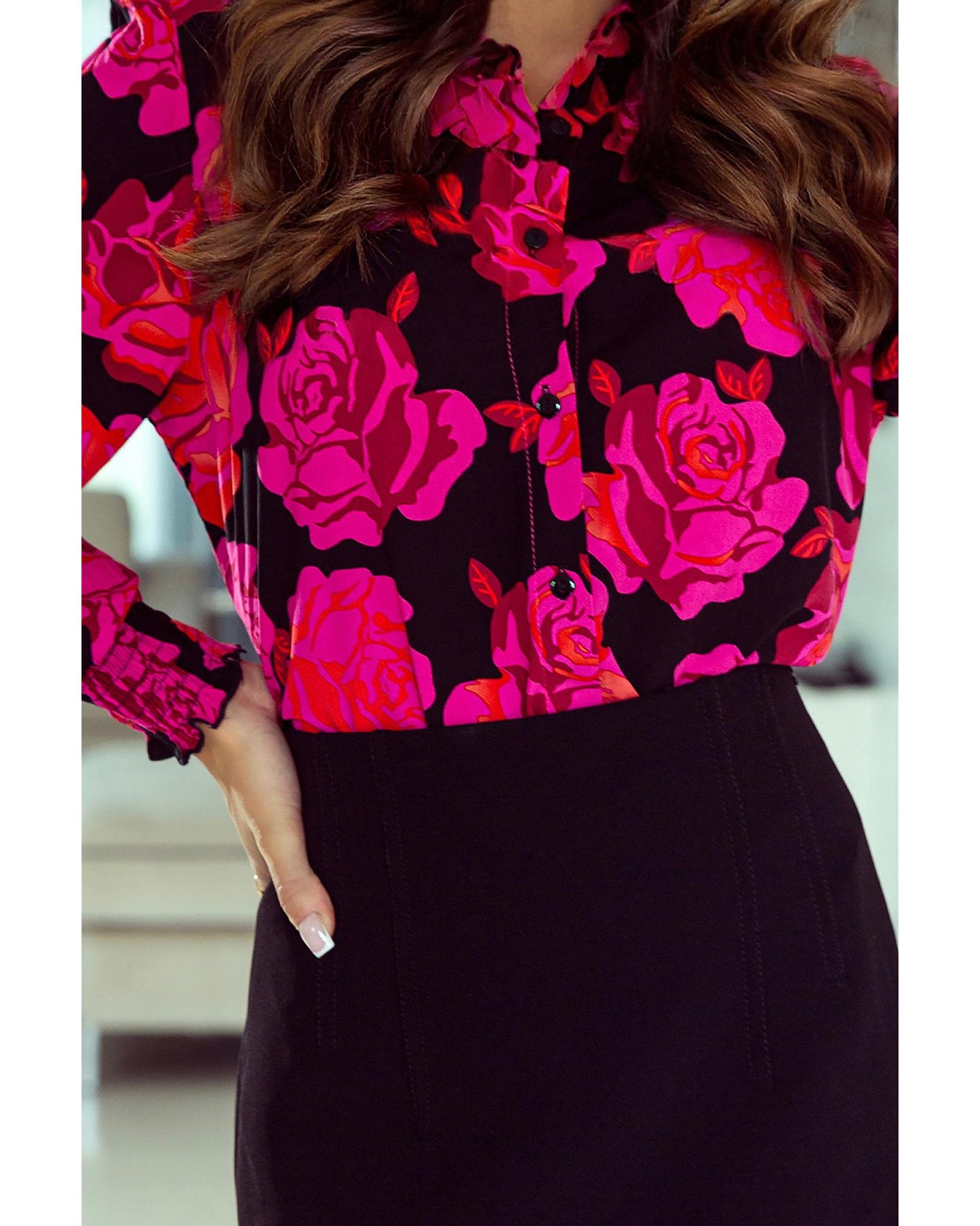 Azura Exchange Floral Shirred Cuffs Shirt - M