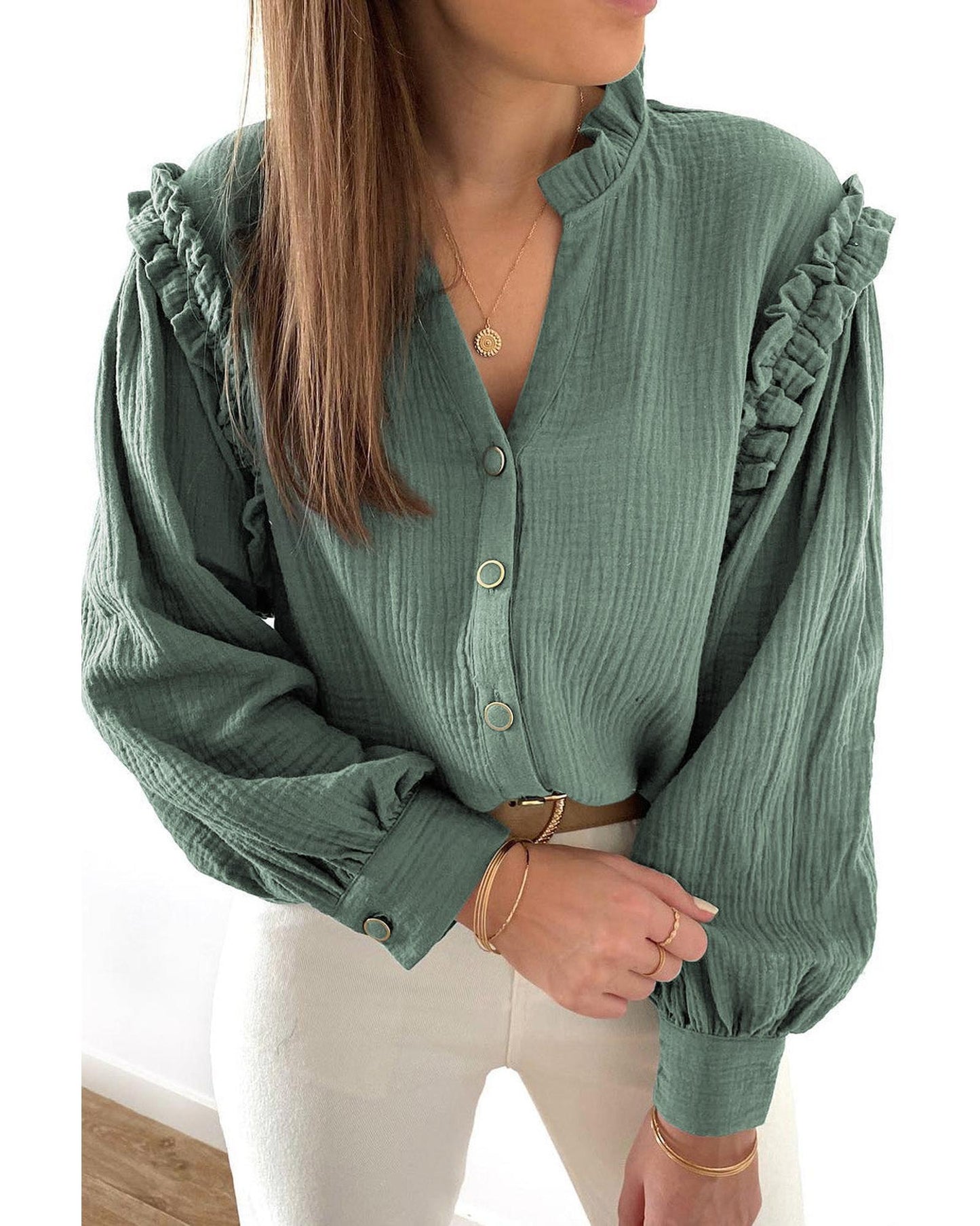 Azura Exchange Frilled Split Neck Crinkled Shirt - S