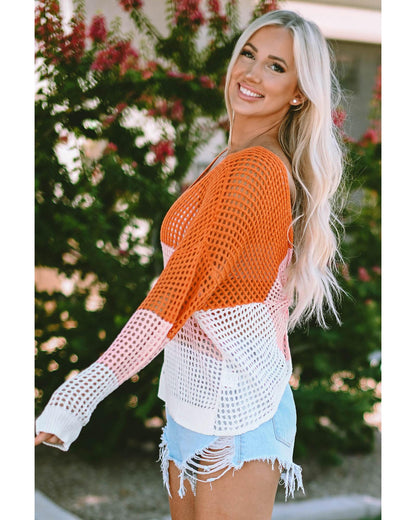 Azura Exchange Eyelet Knit Top with Twisted Back and Color Block Design - M