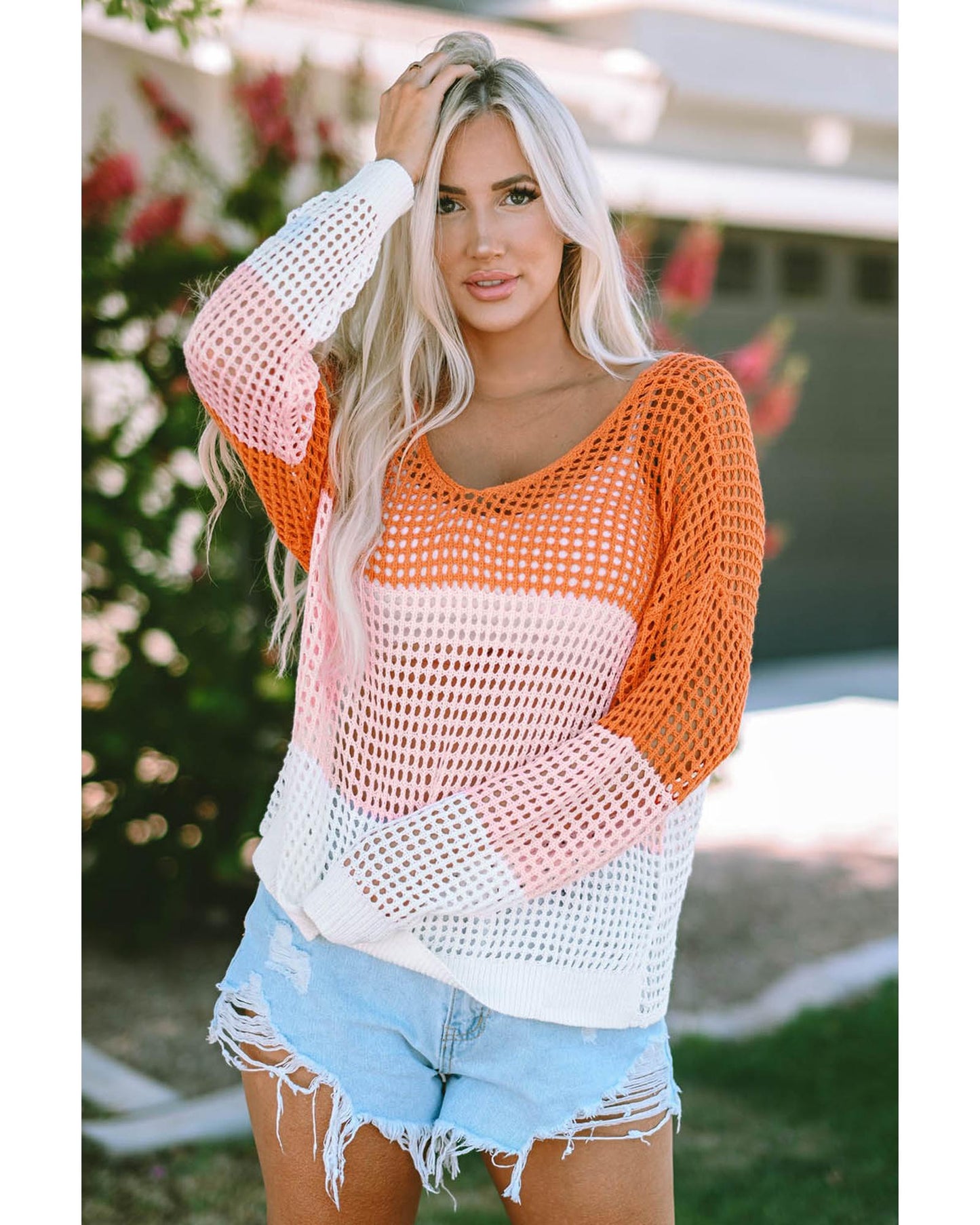 Azura Exchange Eyelet Knit Top with Twisted Back and Color Block Design - M