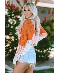 Azura Exchange Eyelet Knit Top with Twisted Back and Color Block Design - M