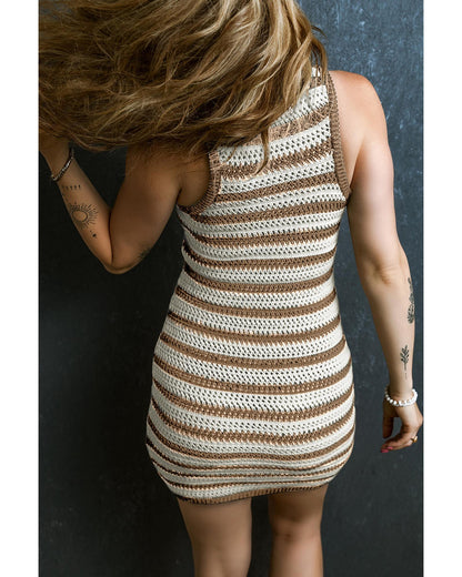 Khaki Stripe Hollowed Knit Sleeveless Sweater Dress - L