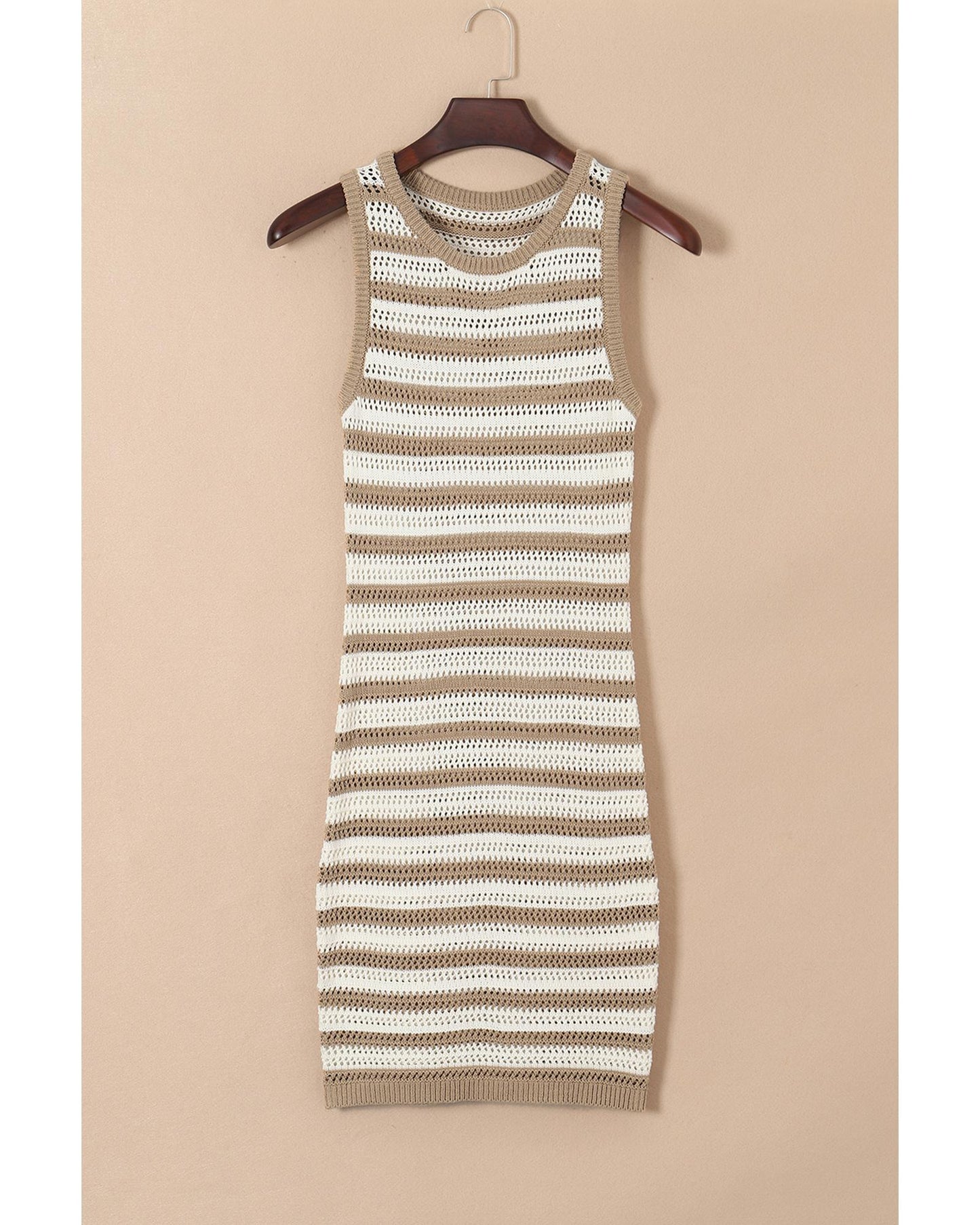 Khaki Stripe Hollowed Knit Sleeveless Sweater Dress - L