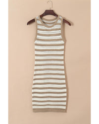 Khaki Stripe Hollowed Knit Sleeveless Sweater Dress - L