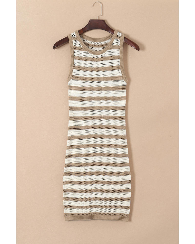 Khaki Stripe Hollowed Knit Sleeveless Sweater Dress - L