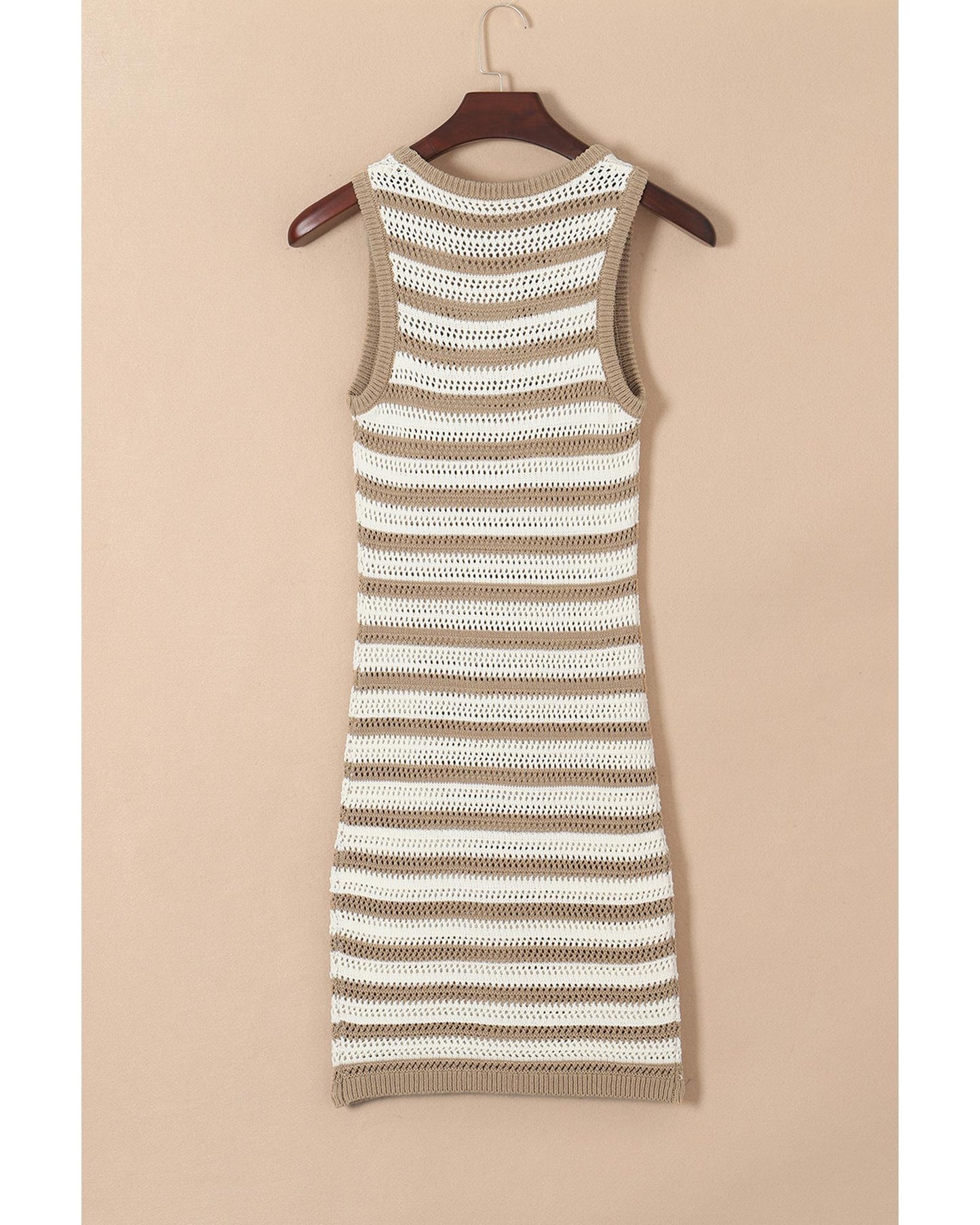 Khaki Stripe Hollowed Knit Sleeveless Sweater Dress - L