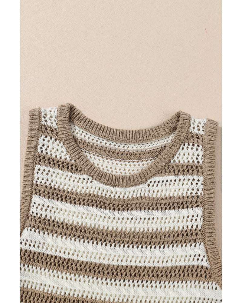 Khaki Stripe Hollowed Knit Sleeveless Sweater Dress - L