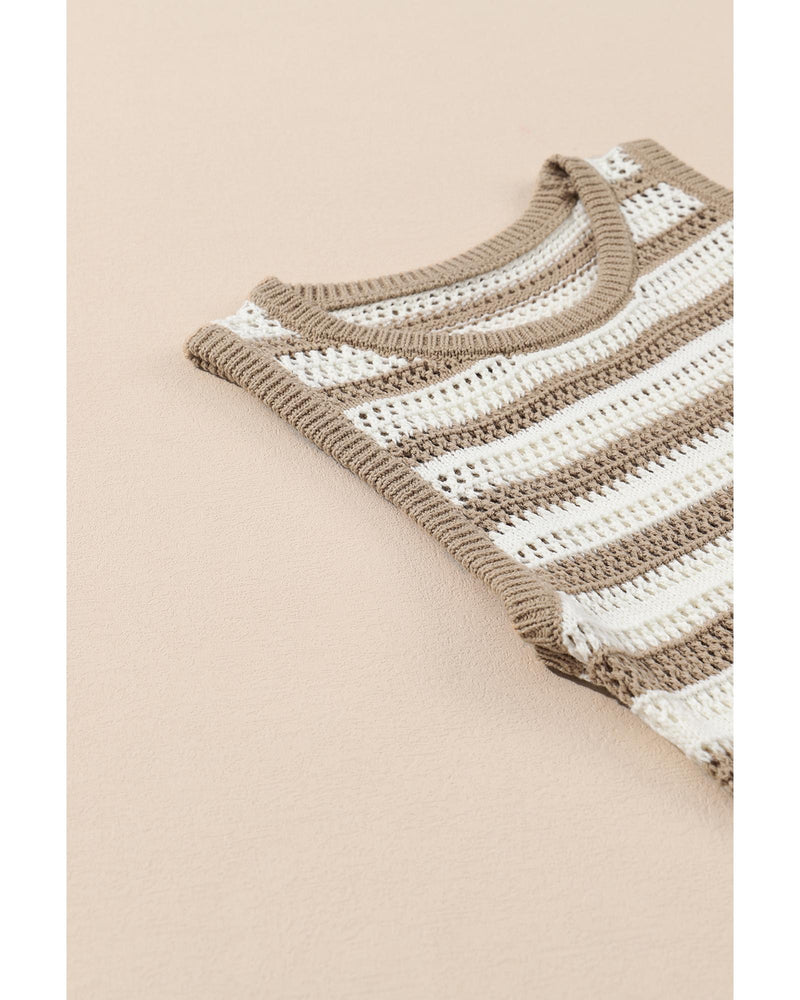 Khaki Stripe Hollowed Knit Sleeveless Sweater Dress - L