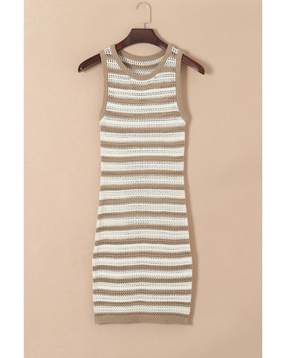 Khaki Stripe Hollowed Knit Sleeveless Sweater Dress - S