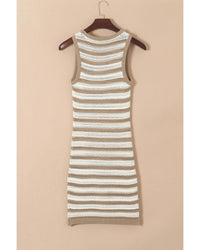 Khaki Stripe Hollowed Knit Sleeveless Sweater Dress - S