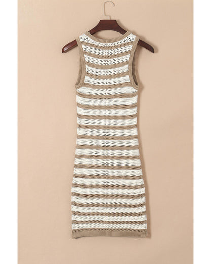 Khaki Stripe Hollowed Knit Sleeveless Sweater Dress - S