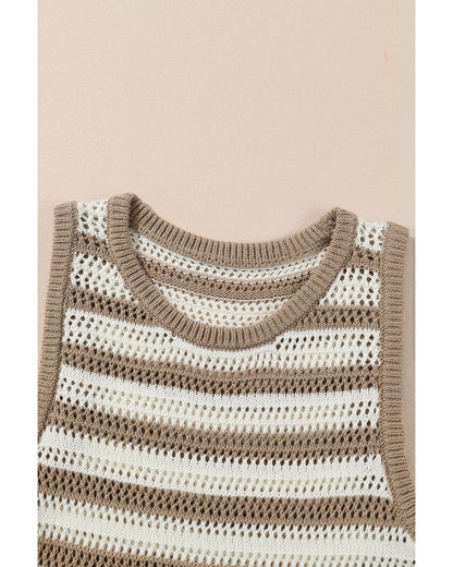 Khaki Stripe Hollowed Knit Sleeveless Sweater Dress - S