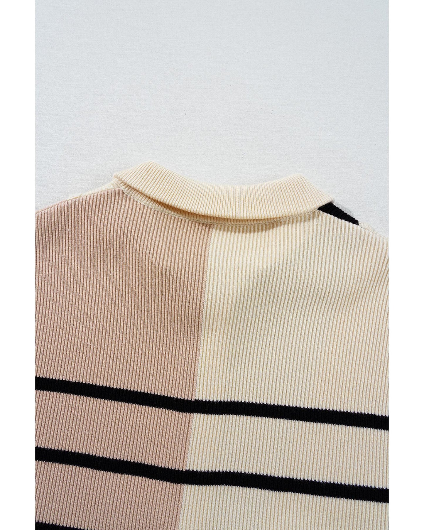 Khaki Stripe Color Block Quarter Zip Collar Short Sleeve Sweater Dress - M