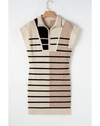 Khaki Stripe Color Block Quarter Zip Collar Short Sleeve Sweater Dress - M