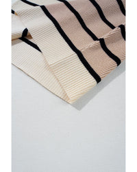 Khaki Stripe Color Block Quarter Zip Collar Short Sleeve Sweater Dress - S