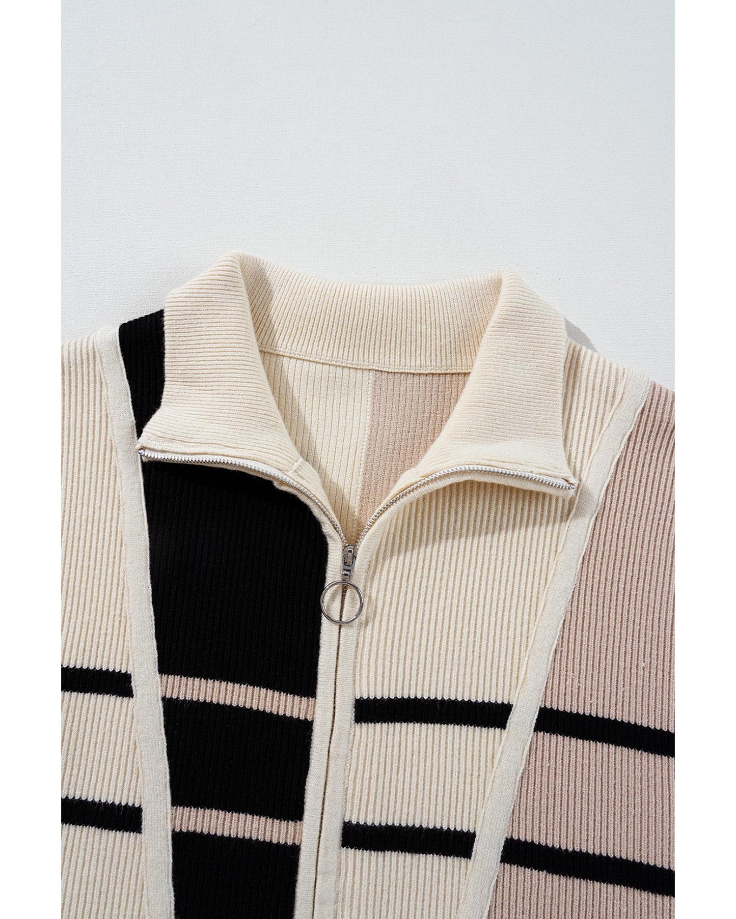 Khaki Stripe Color Block Quarter Zip Collar Short Sleeve Sweater Dress - S