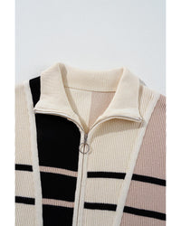 Khaki Stripe Color Block Quarter Zip Collar Short Sleeve Sweater Dress - S