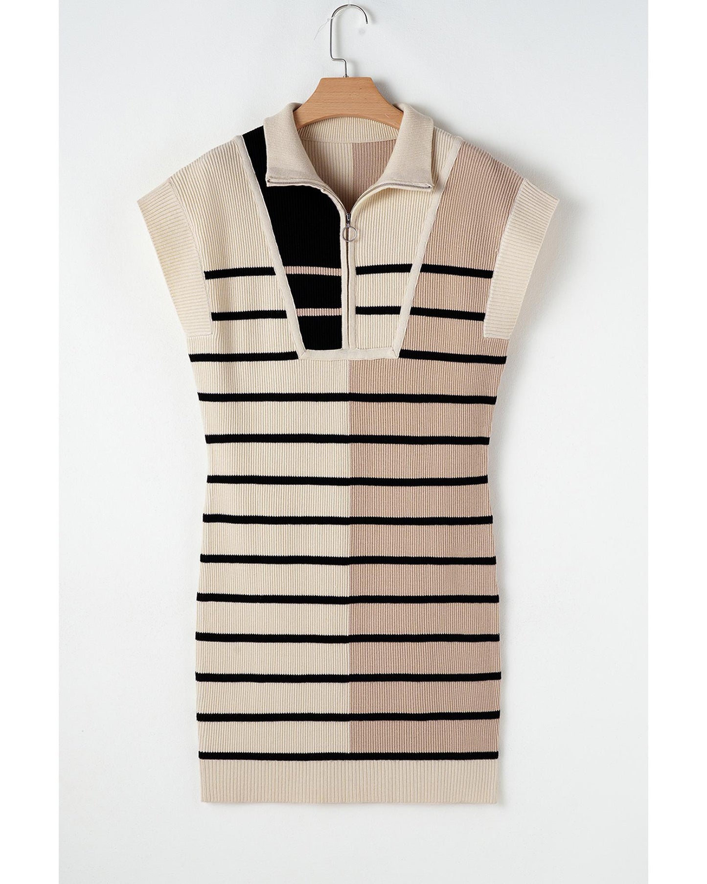 Khaki Stripe Color Block Quarter Zip Collar Short Sleeve Sweater Dress - S