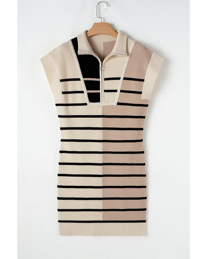 Khaki Stripe Color Block Quarter Zip Collar Short Sleeve Sweater Dress - S