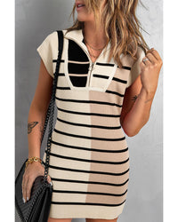 Khaki Stripe Color Block Quarter Zip Collar Short Sleeve Sweater Dress - XL