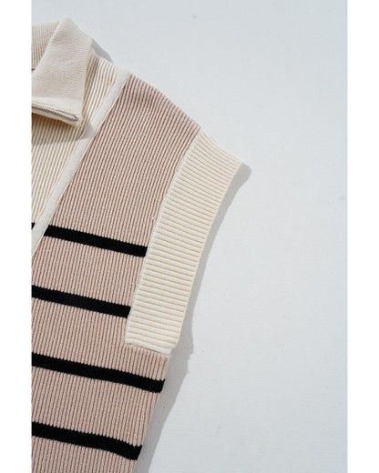 Khaki Stripe Color Block Quarter Zip Collar Short Sleeve Sweater Dress - XL