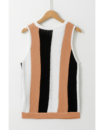 Khaki Stripe Color Block Sleeveless Knitted Sweater Vest - M