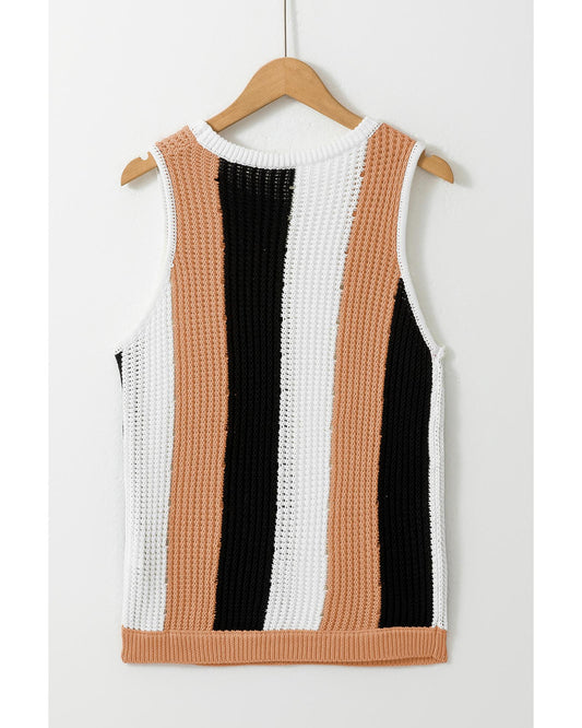Khaki Stripe Color Block Sleeveless Knitted Sweater Vest - M