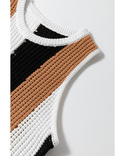Khaki Stripe Color Block Sleeveless Knitted Sweater Vest - M