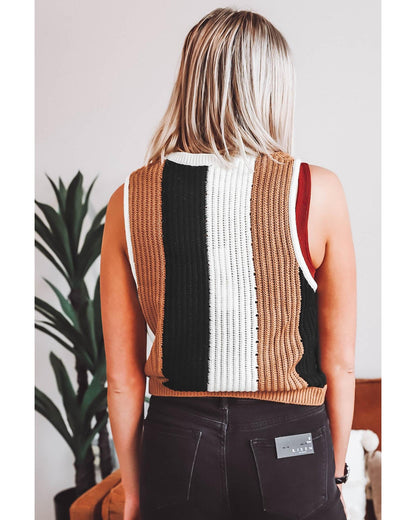 Khaki Stripe Color Block Sleeveless Knitted Sweater Vest - M
