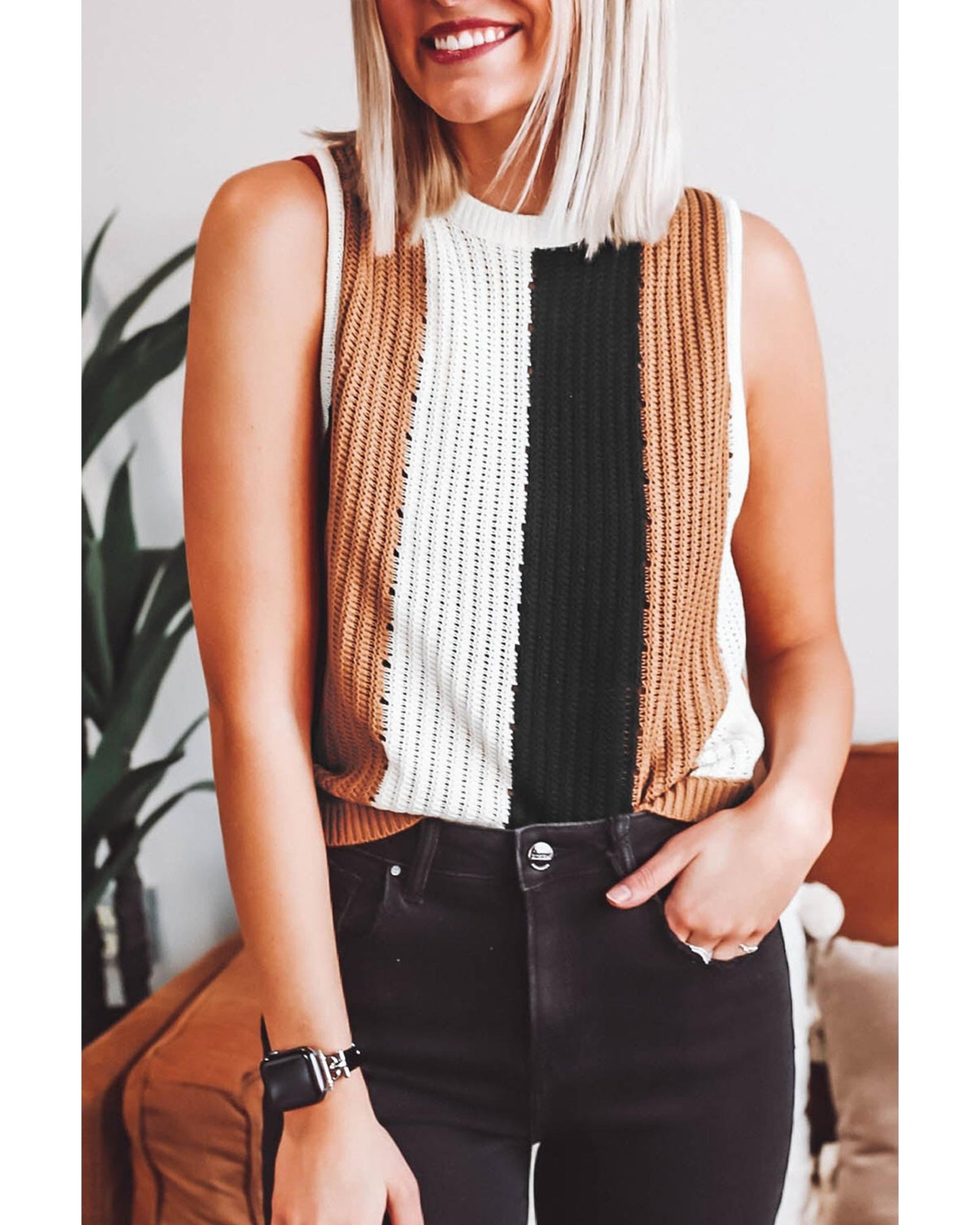 Khaki Stripe Color Block Sleeveless Knitted Sweater Vest - XL