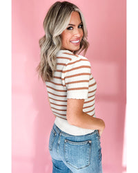 Khaki Stripe Scalloped Round Neck Short Sleeve Sweater - L