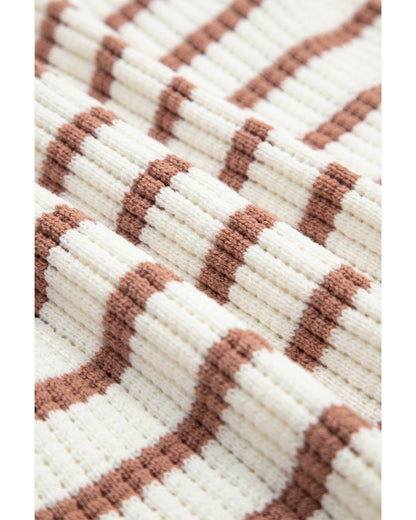 Khaki Stripe Scalloped Round Neck Short Sleeve Sweater - L