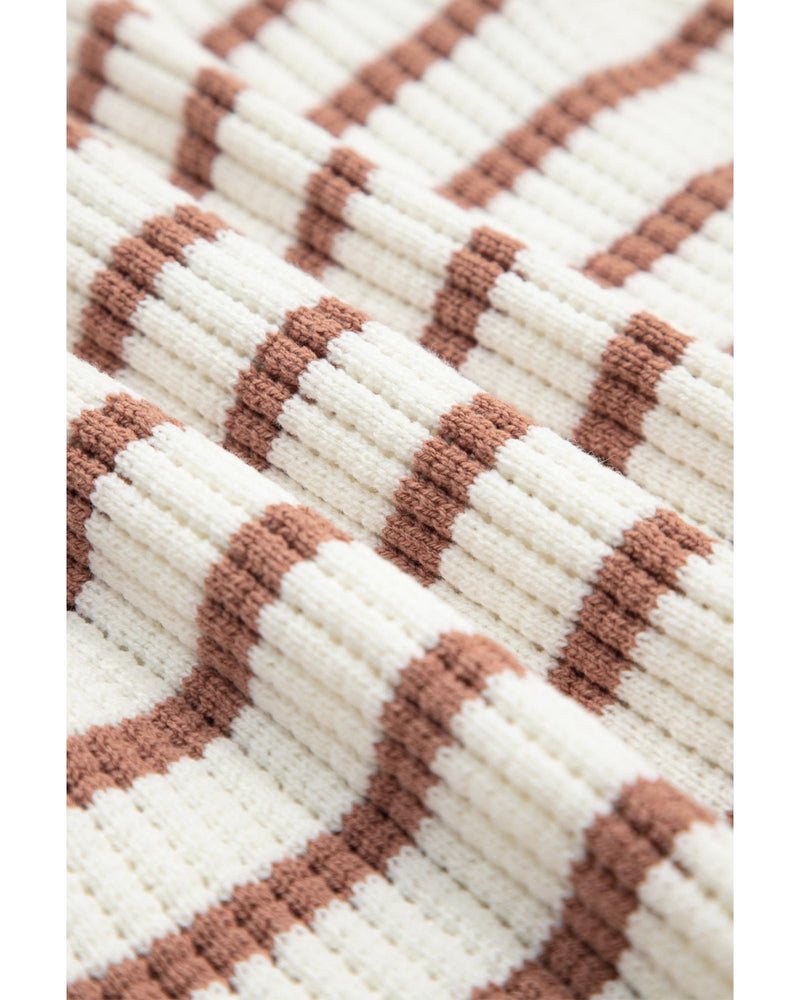 Khaki Stripe Scalloped Round Neck Short Sleeve Sweater - L